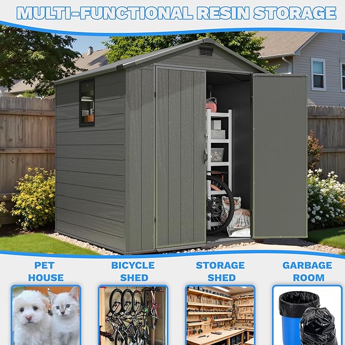 Greesum 6x6FT Plastic Storage Shed with Floor, Resin Outdoor Storaged Sheds with Lockable Double Door, Window and Vents, All-Weather Tool Sheds for Garden, Backyard, Patio, Dark Gray