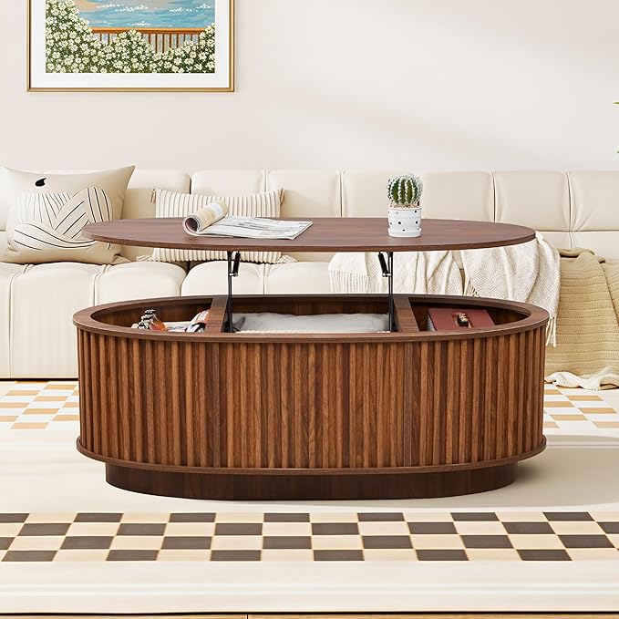Oval Lift Top Coffee Table, 43.3'' Fluted Coffee Table with Hidden Storage Compartment, Mid Century Modern Dining Table Wooden Center Table for Living Room, Office, Small Spaces (Walnut)