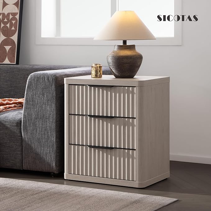SICOTAS Night Stand Nightstand with 3 Drawers Storage Bedside Table Large Fluted Bed Side End Table Modern 25.6" Tall Wide Night Stands for Bedroom Living Room Sofa Couch Home Office, White Alder