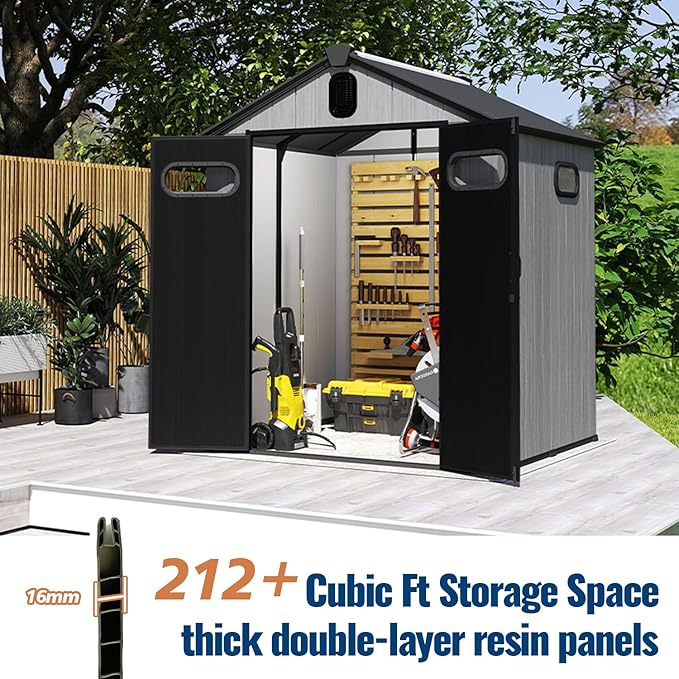 Domi 6x6Ft Resin Outdoor Storage Shed, Small Plastic Garden Shed with Carpet, Outside Weatherproof Storage Building for Tools, Bike, Lawn Mower, Patio, Backyard