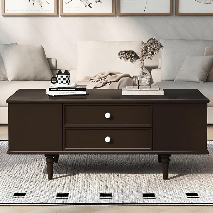 Modern Wooden Coffee Table with Hidden Storage Cabinets and Drawers, 47.2-Inch Rectangular Center Cocktail Table with Solid Wood Legs for Living Room, Brown