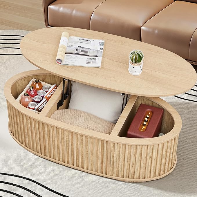 43.3'' Fluted Coffee Table with Hidden Storage Compartment, Mid Century Modern Oval Lift Top Coffee Table, Wooden Center Table Converts to Dining Tables for Living Room, Apartment (Natural)
