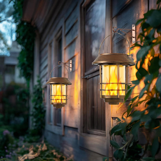 Otdair Solar Wall Lantern Outdoor, Flickering Flames Solar Sconce Lights Outdoor, Hanging Lamps Wall Mount for Front Porch, Patio and Yard, 2 Pack, Yellow Bronze