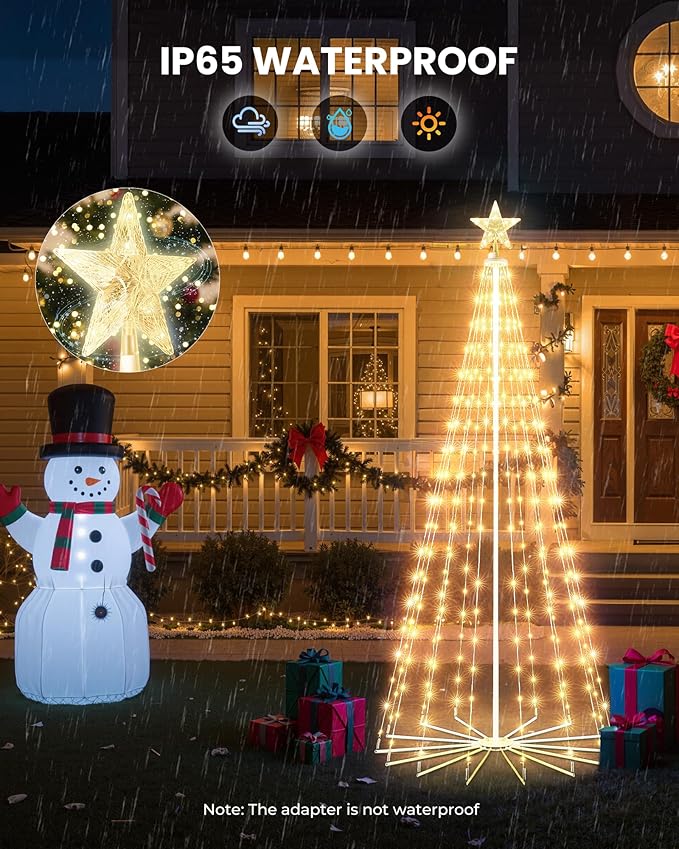 Outdoor Christmas Cone Tree Light with Star Topper, 6ft 265 LED Lightshow Christmas Tree with 8 Modes Timer Remote, Dimmable Artificial Tree for Porch Yard Patio Indoor Decorations, Warm White