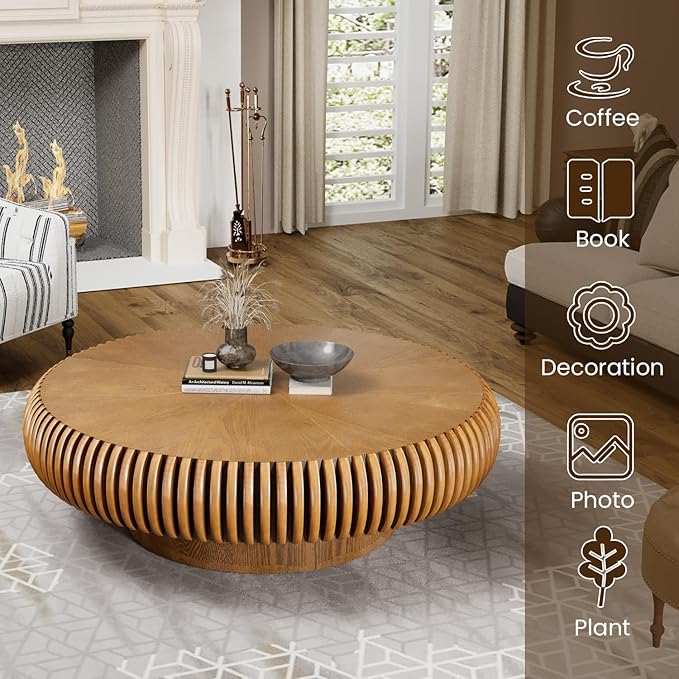 39.3" Drum Coffee Table Modern Unique Fluted Tea Table Contemporary Wood Round Coffee Table with Fluted Centry Table for Living Room Walnut (39.3" Brown)