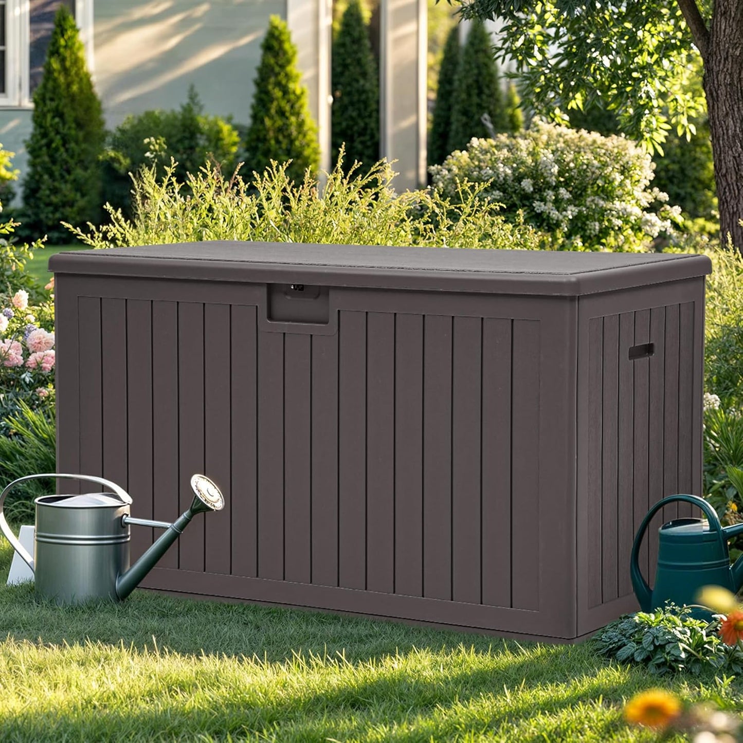 YITAHOME 200 Gallon Extra Large Deck Box, Double-Wall Resin Outdoor Storage Box with Flexible Divider for Patio Cushions Pool Supplies Garden Tools, 990 lbs Load Capacity, Lockable (Brown)