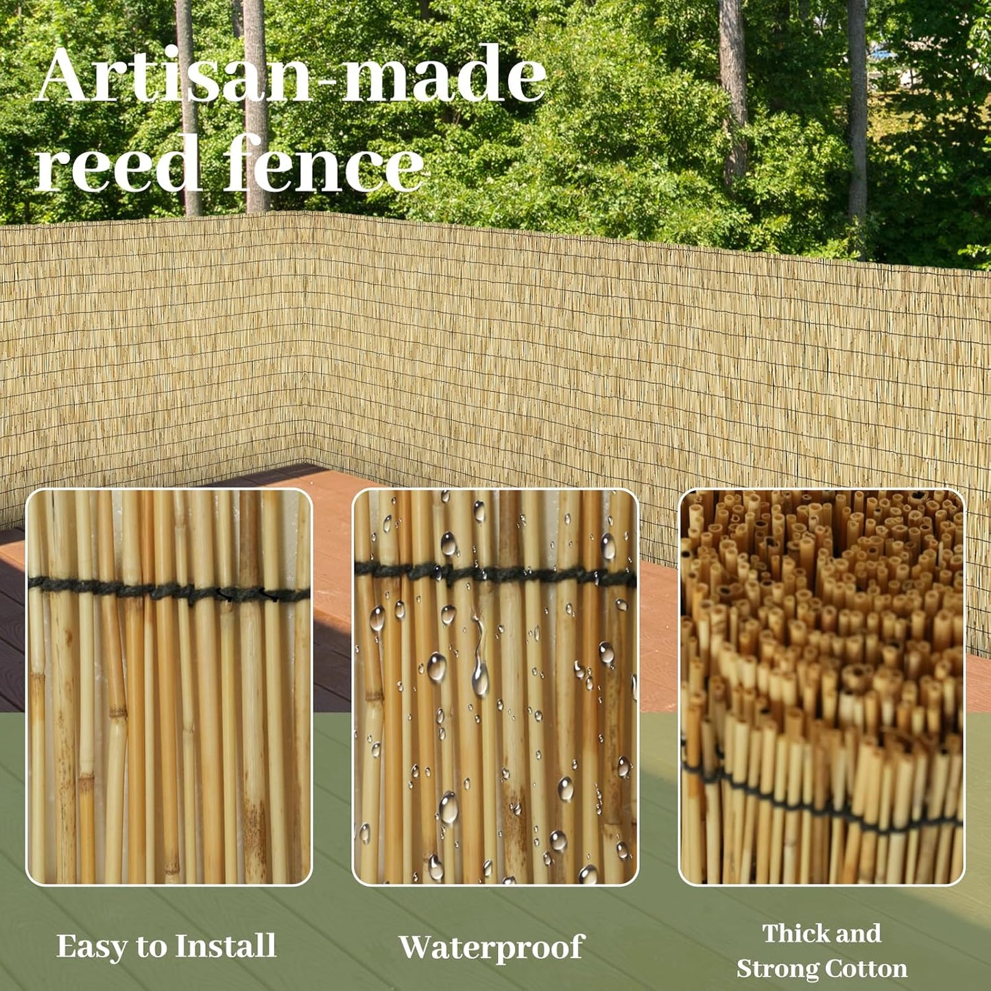 Natural 2 Pack 4FT X 16.4FT Reed Fencing Roll, Balcony Privacy Shade Reed Bamboo Fencing Garden Fence Border, Wind Block Sunshade Fence Screen for Outdoor Yard Patio Flower Bed Edge