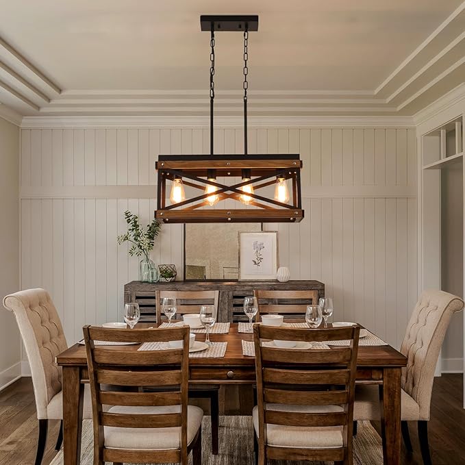 Rustic Farmhouse Wood Kitchen Island Lighting, 4 Lights Rectangular Pendant Light Fixture, Adjustable Chain Oak Wood and Metal Linear Chandelier for Dining Room Kitchen Island Farmhouse, Black