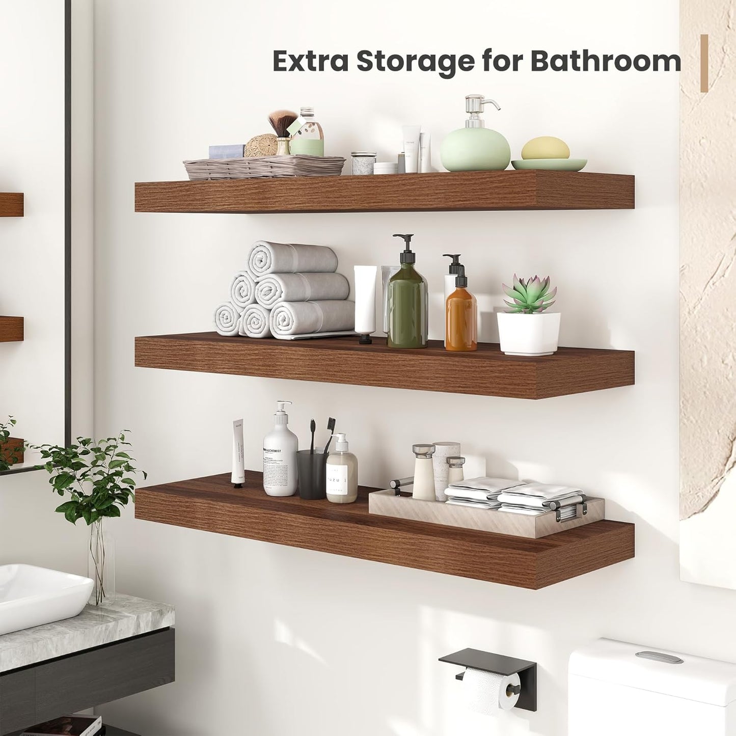 Heimlove 12 Inch Deep Floating Shelves, 16 x 12 inches Long Wall Shelf, Large Extra Display Shelf & Storage Shelf, Rustic Wood Wall Shelves for Fireplace Mantel, Walnut - 2Pack