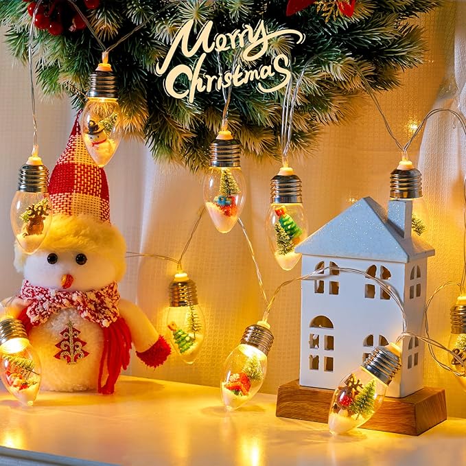 Vintage-Christmas-Lights-Indoor-String-Lights, 7.5Ft C9 Christmas Snow Globe String Lights with Tree & Snow & Cute Ornaments, 8 Modes Battery Operated Lights for Tree Garland Fireplace Xmas Decor
