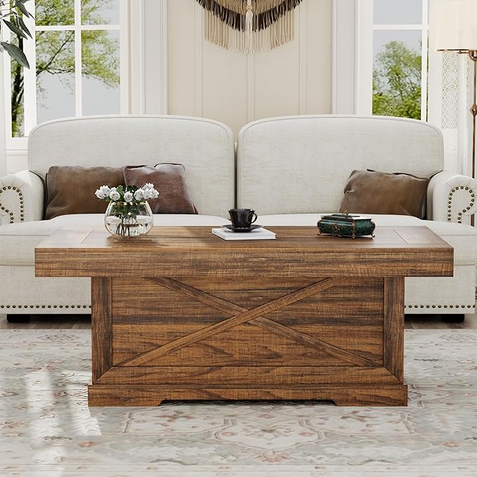 Coffee Table 39 in Rustic Center Table with X-Design Wooden Pedestal for Living Room, Space Saving, Rectangle Home Office Tea Accent Table for Dining Room Apartment, Walnut