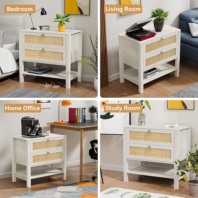 White Nightstand with 2 Drawers and Storage Shelf, 26” Tall Boho Night Stand, Wood Large Bedside Table with Golden Handle for Bedroom, Side Table, White Cream Oak