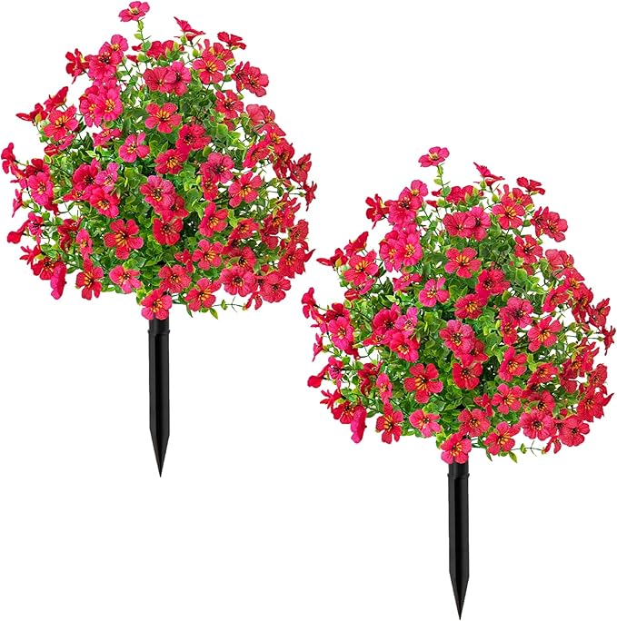 2Pcs 21" Artificial Boxwood Topiary Ball with Flowers Plants with Ground Spikes for Outdoor UV Resistant Realistic Fake Bushes Plants for Garden Yard Front Porch Patio Decor (Violet Rose red)