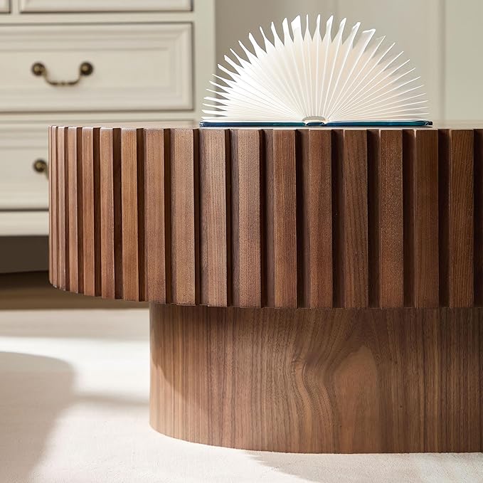WILLIAMSPACE 43.7" Walnut Oval Coffee Table, Mid Century Modern Luxury Wood Drum Center Table for Living Room, Handcraft Accent Side Table for Apartment, 43.7"*24.8"*13.78"H (Walnut)