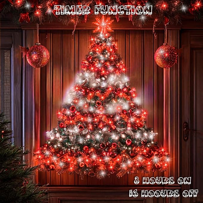 66Ft 200 LED Christmas Fairy Lights Plug in, Red and White Waterproof String Lights for Outdoor & Indoor 8 Modes with Timer Bedroom Decor, Twinkle Lights for Bedroom Party Tree Christmas Decorations
