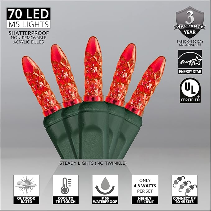 M5 LED Mini Ice Red Prelamped Light Set, Green Wire - 70 M5 Red LED Christmas Lights, 4" Spacing