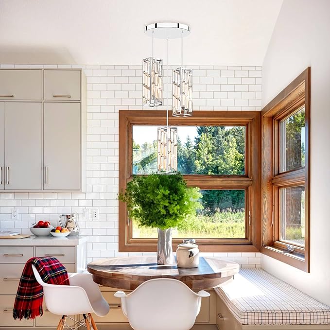 3-Light Chrome Pendant Lights Modern Pendant Light Fixture, Mini Crystal Pendant Ceiling Light, Pendant Light for Kitchen Island, Dinning Room, Bedroom, Kitchen Sink Lighting (3 Lights)