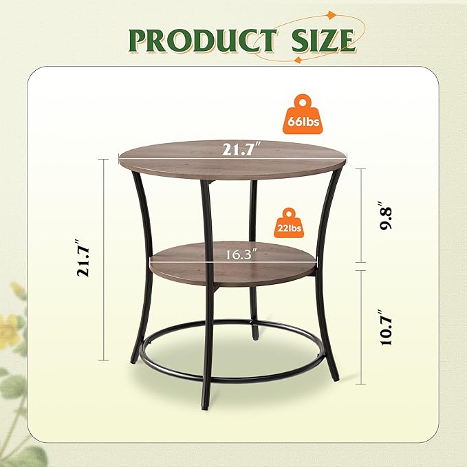 WLIVE Side Table, Round End Table with 2 Storage Shelves for Living Room, Bedroom, Nightstand with Steel Frame for Small Spaces, Accent Coffee Table, Greige