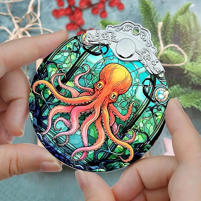 Stained Glass Christmas Ornament, Jocidea Octopus Christmas Decorations, Christmas Tree Ornament, Octopus Lovers Gifts, Holiday Decor and Xmas Gifts Ideas