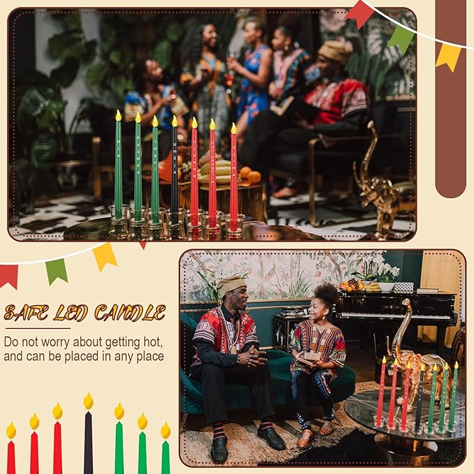 Riakrum 7 Pieces Kwanzaa Candles Set Kwanzaa Flameless Taper Candles Battery Operated for Church Celebration Decoration(10.83 Inches,Words)