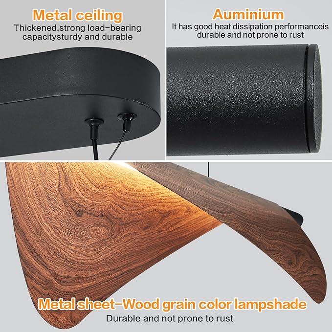 Walnut Pendant Lights Kitchen Island 39.4In Dimmable Wood Grain Linear Kitchen Chandeliers Over Table Hanging Light Fixture for Dining Room