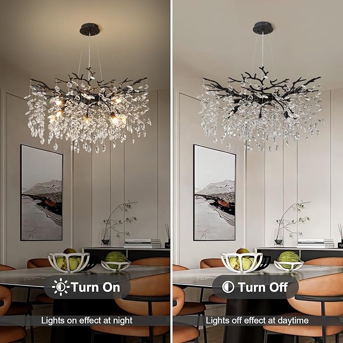 YUYI 30" Black Crystal Chandelier, 10-Light Tree Branch Chandelier for Dining Room, Luxury Round K9 Crystal Raindrop Chandeliers Light Fixture for Living Room Foyer Entryway Bedroom Kitchen