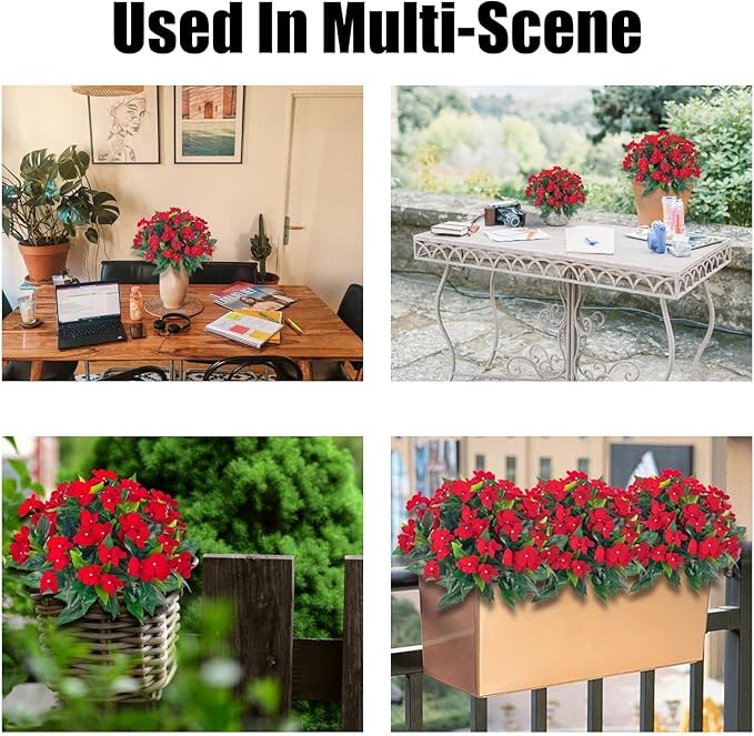 5PCS Artificial Impatiens Bouquet Flowers for Outdoors Silk Faux Flowers for Outdoor Fake Planters UV Resistant Spring Summer Indoor Decor Garden Porch Patio Window Kitchen Balcony, Red