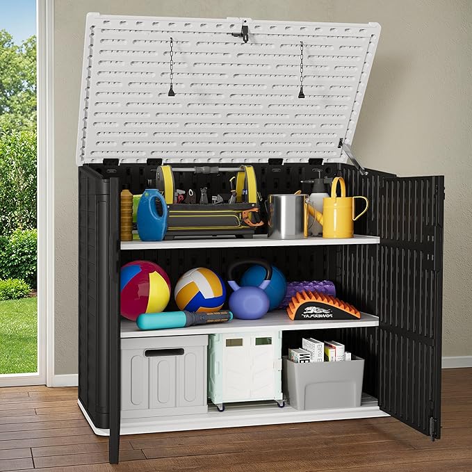 Devoko Resin Outdoor Storage Shed, 34 Cu Ft Outdoor Storage Cabinet with Shelf, Waterproof, Double Locks, Resin Storage for Trash Can, Garden Tools, Pool Supplies (Black)