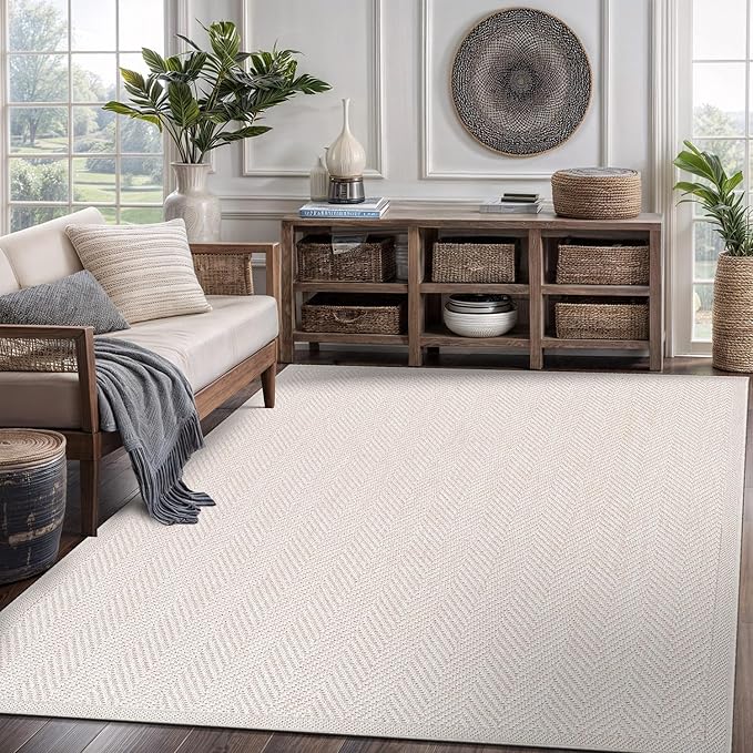 CAMILSON Easy Jute Rug 8x10, Indoor Outdoor Off-White Color Fiber Area Rugs for Living Room and Patio Rug Herringbone Seagrass Boho Woven Design Easy-Cleaning Washable Outside Carpet Alfombras 8 x 10