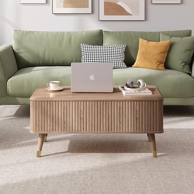 Lift Top Coffee Table with Storage, Mid Century Modern Walnut Fluted Coffee Table, Rectangular Wood Center Table with Rising Desktop & Open Shelf for Work from Home, Living Room, Oak