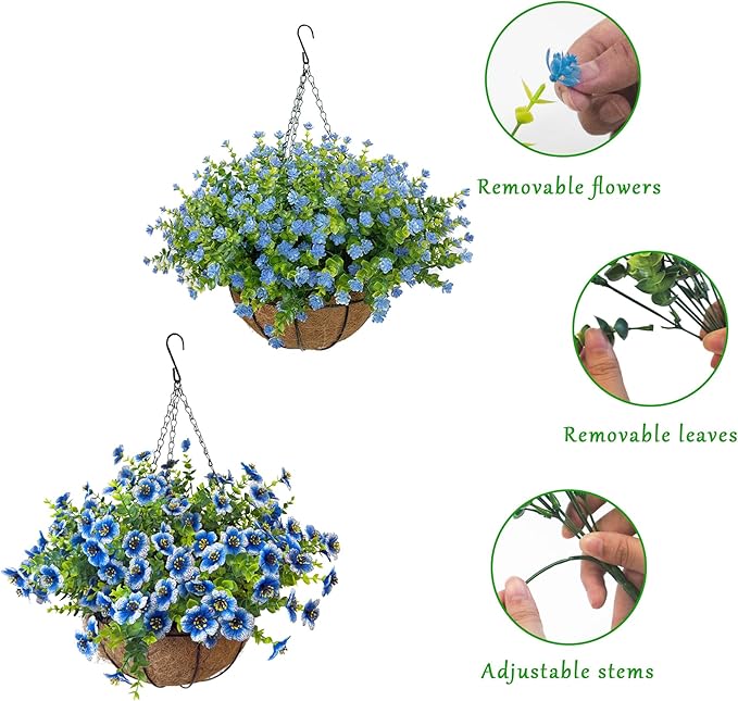Artificial Hanging Plants Flowers with Basket 2 Packs, Artificial Hanging Flowers for Outdoors, Faux Hanging Plants Outdoor, Blue Fake Flowers