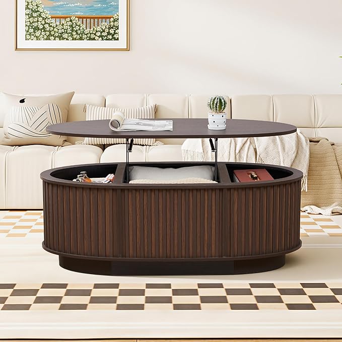 Oval Lift Top Coffee Table, 43.3'' Fluted Coffee Table with Hidden Storage Compartment, Mid Century Modern Dining Table Wooden Center Table for Living Room, Office, Small Spaces (Dark Brown)