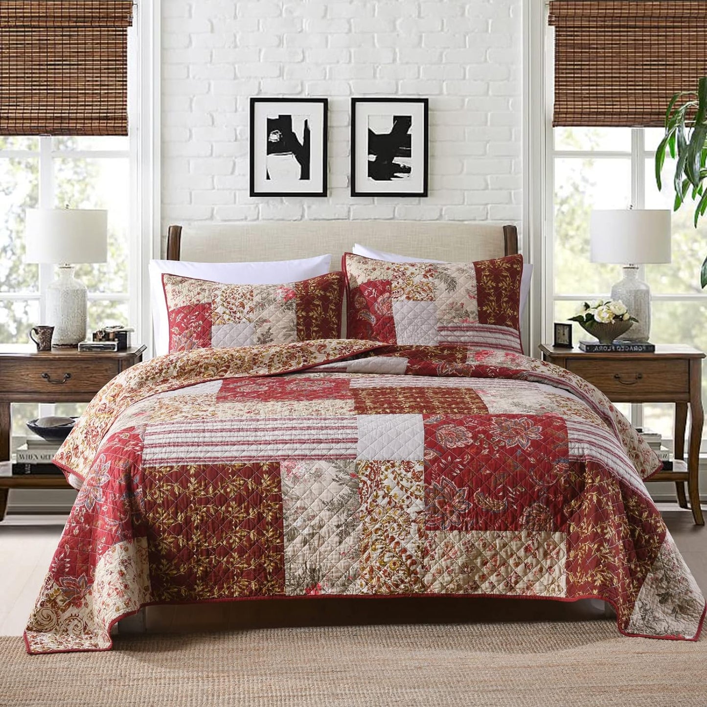 Yvooxny Quilt Set Queen Bedspread Country Farmhouse Cottage Vintage Ditsy Floral Paisley Style Reversible Lightweight Coverlet Set Real Patchwork Quilt for All Seasons, Antique Rose, Queen Size