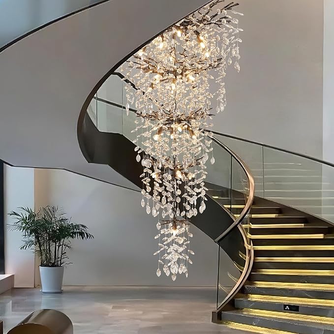 YUYI 63" Long Crystal Chandelier for High Ceiling, 28-Light Black Tree Branch Chandelier, Modern Large Chandeliers for Staircase, Foyer, Entryway, Living Room, 5-Tier Luxury K9 Raindrop Light Fixture