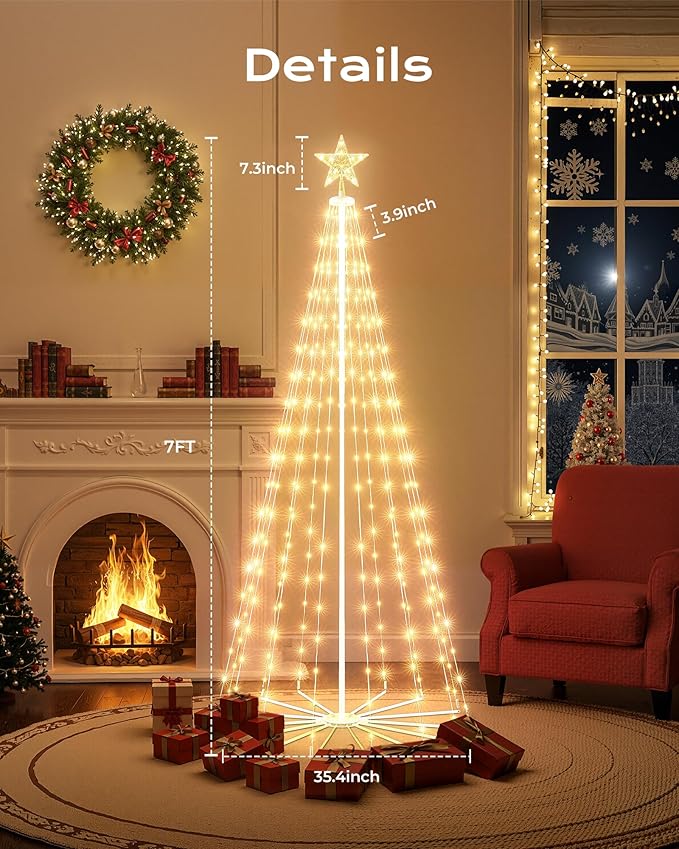 Christmas Cone Tree Light, 7.5ft 295 LED Light Show Christmas Tree with 8 Modes Timer Remote, Dimmable Artificial Christmas Tree for Porch Yard Patio Indoor Outdoor Xmas Holiday Decor, Warm White