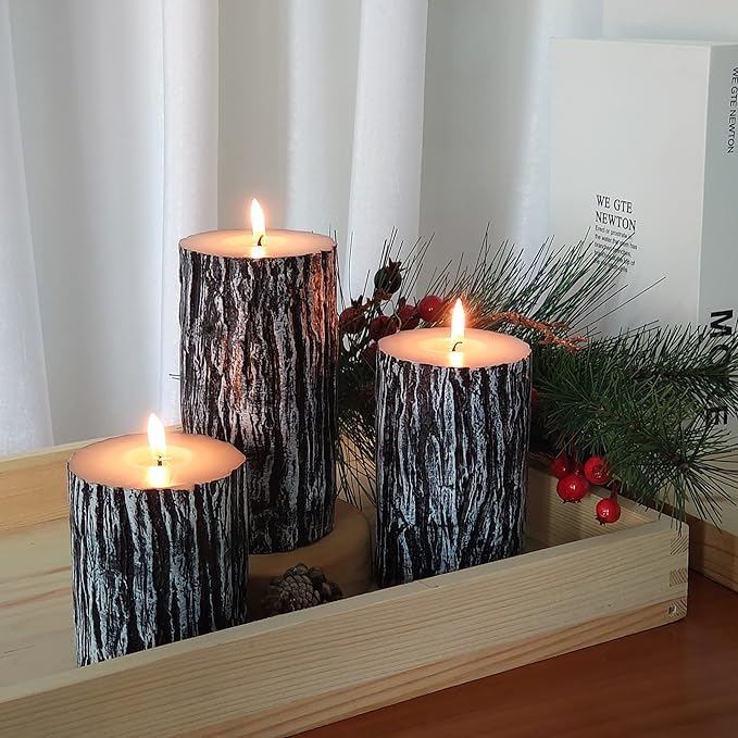 MOZEAL Hand-Poured Unscented Candle,Dripless Smokeless Cotton Wick Pillar Candle Set of 3,Includes 4", 5" and 6",300 Hours Burn Time,Country Style,for Christmas and Fireplace Decor(Black Pine Tree)