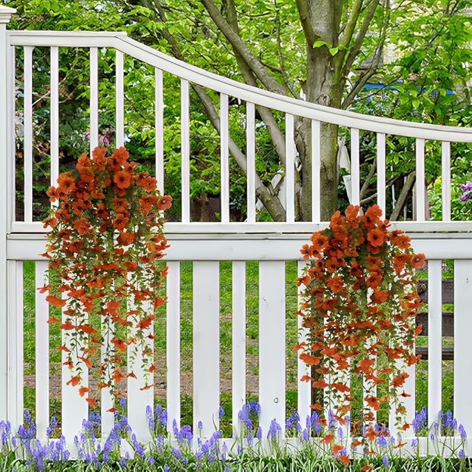 EROCK Artificial Flowers for Outdoors, 4PCS Fake Silk Hanging Flowers for Decoration UV & Fading Resistant, Realistic Faux Plants & Flowers for Porch Patio Balcony Window Box Home Decor (Orange)