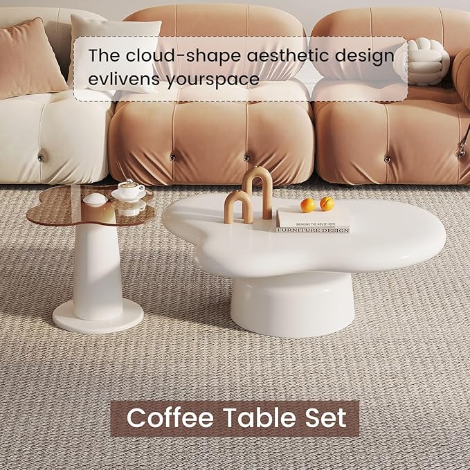 Nesting Coffee Table Set of 2, Cloud Shape Center & Small Tempered Glass Top Accent Side Table, Modern Home Decor Table Set for Living Room, Bedroom, Office