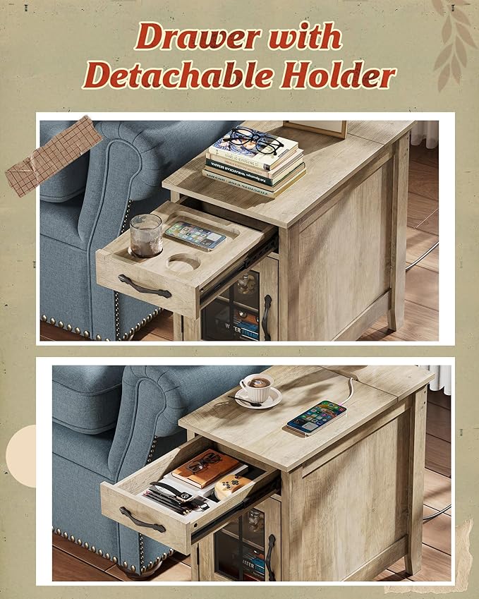 WLIVE End Table with Charging Station, Narrow Side Table for Living Room, Farmhouse Night Stand with Storage, Small Wooden Cabinet Nightstand with USB Ports and Outlets, 23.7" D x 13.78" W x 23.7" H