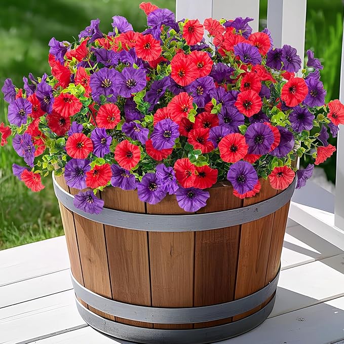 Artificial Flowers for Outdoors Decoration, 10 Bundles Fake Plastic Flower Plant, Faux Colorful Silk Morning Glory Eucalyptus for Spring Summer Outside Garden Porch Front Door Decor, Red Purple