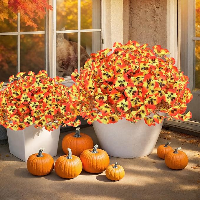 Geegoods Artificial Pansy Flowers Outdoor for Front Door Garden Porch Window Box Patio Home Decor (Orange, 20PCS)