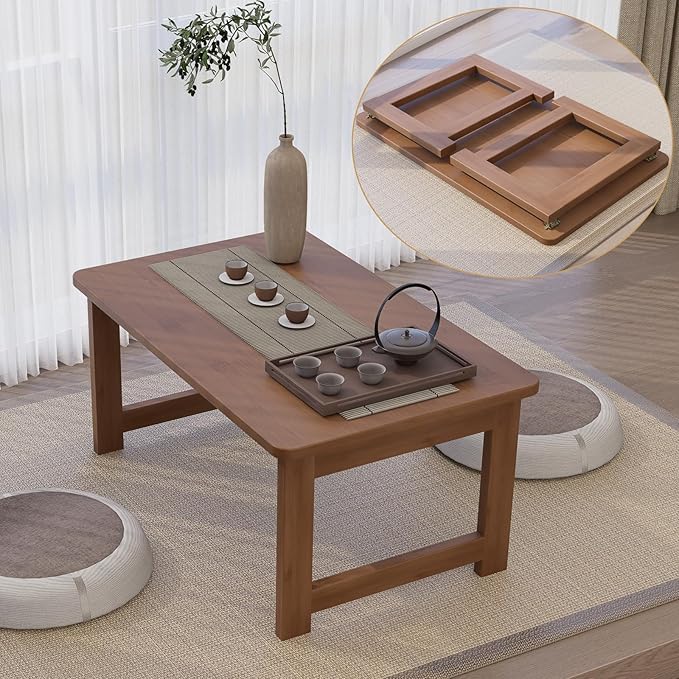 Japanese Floor Table, Bamboo Folding Coffee Table, Portable Solid Wood Japanese Tatami Tea Table Table, No Assembly Japanese Dining Table for Sitting on The Floor, Easy Storage (Dark Walnut)