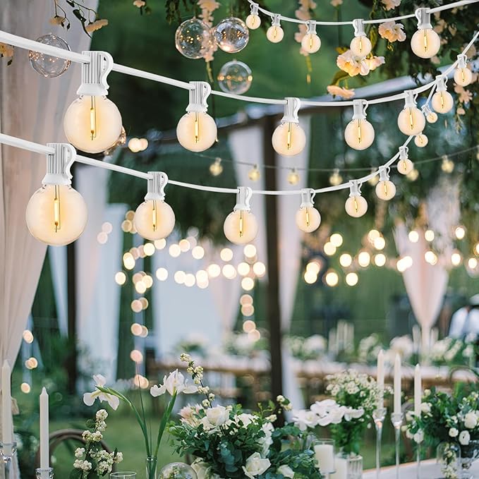 200 Feet White String Lights for Outside G40 Patio Lights Waterproof with 100+4 Replaceable Shatterproof Warm Yellow Globe Bulbs for Wedding Pergola Porch Backyard, White Cord, Linkable