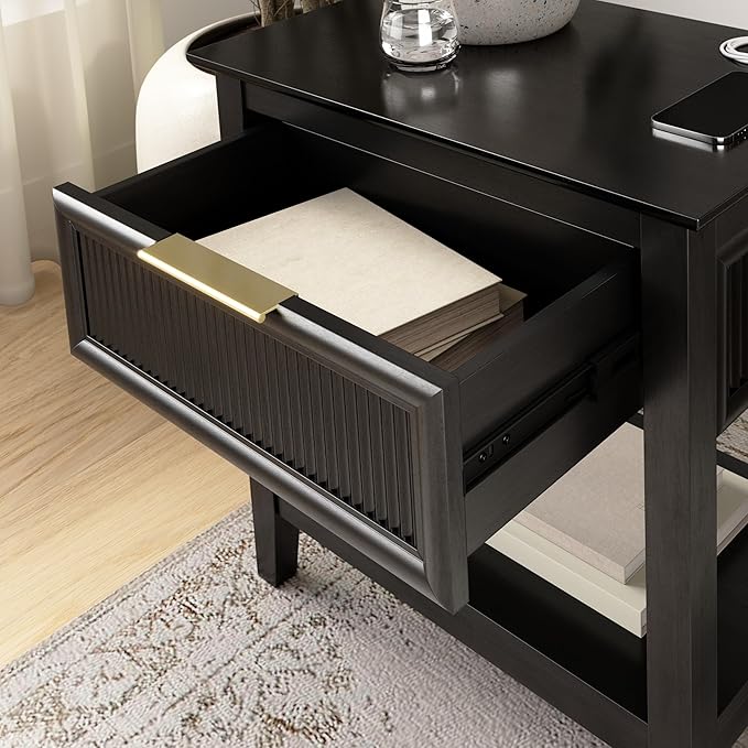 Bush Home Fluted Nightstand with Drawer, Bedroom Furniture, Camille Collection, Onyx Birch Black