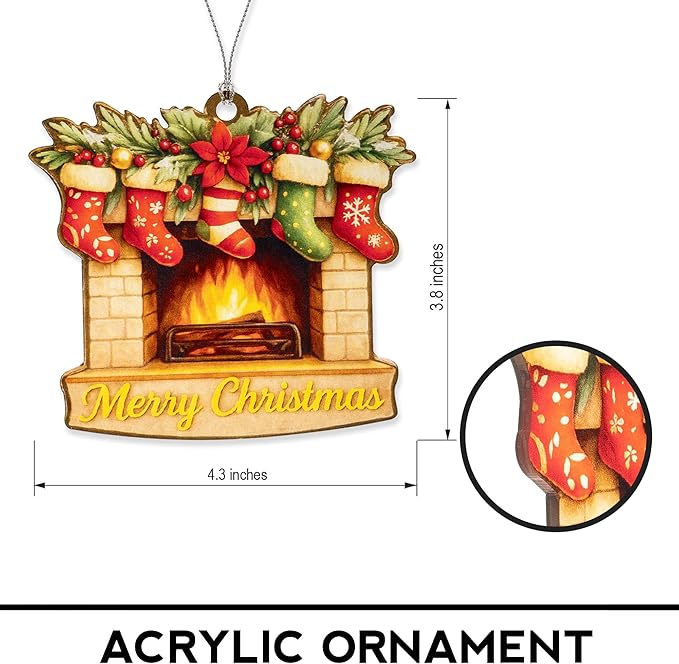 Christmas Fireplace Ornament – Holiday Decor - Christmas Stocking Ornament - Family Christmas Keepsake – Christmas Ornament 2025 – Suncatcher Effect Window Hanging