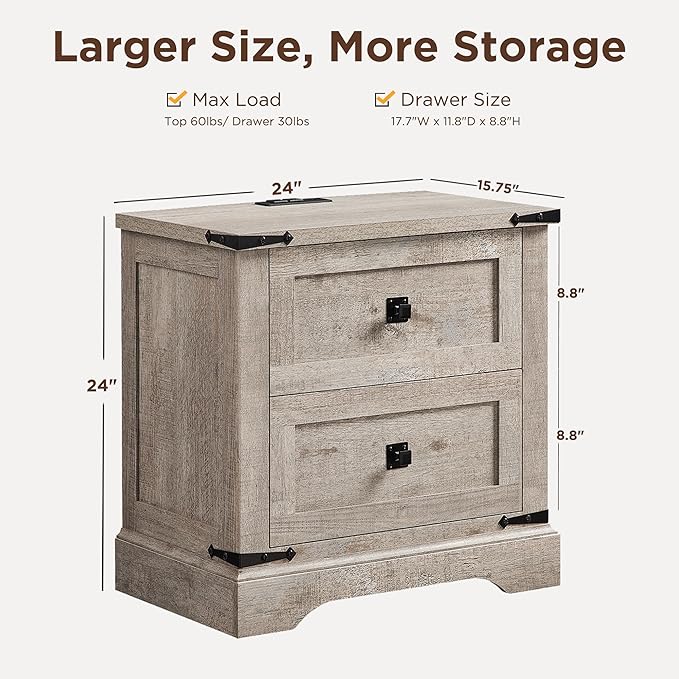 T4TREAM 24" Farmhouse Nightstand with Charging Station, Large End Table with 2 Storage Drawers, Rustic Wood Sofa Bedside Table for Bedroom, Light Rustic Oak