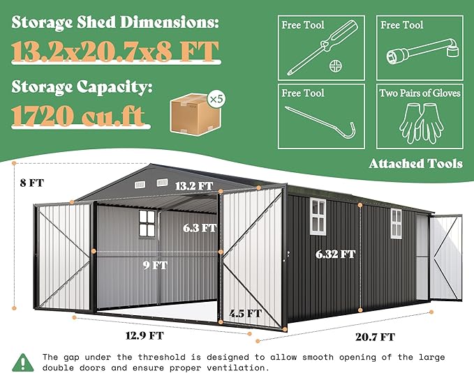 AMERLIFE 13x21x8 FT Heavy Duty Metal Garage Shed, Extra Large Outdoor Storage Shed with Double Hinged Doors, 4 Windows, Carport for Cars, Boats, Trucks and Equipment Storage, Dark Gray