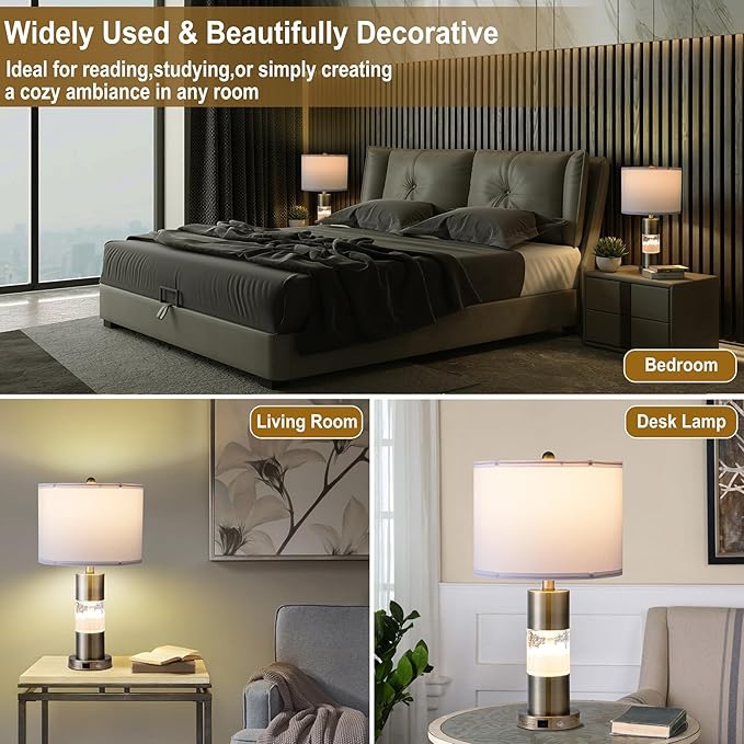 Serteaw Set of 2 Gold Bedroom Lamp for Nightstands, Touch Table Lamps, USB Charging Ports, with Stepless Dimming Mode for Living Room, Modern Snow and Clouds Crystal Bedside Lamps