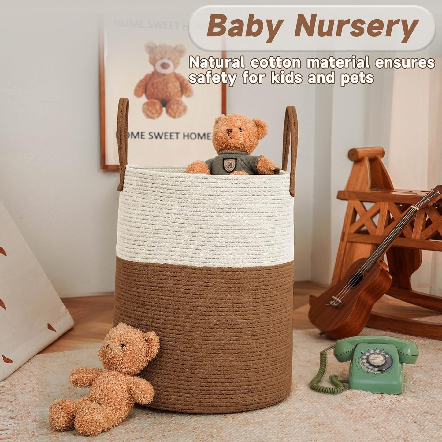 Large Woven Laundry Basket Hamper,80L Cotton Rope Storage Bin for Blankets,Toys and Clothes,Decorative Tall Nursery Hamper for Living Room,Baby Nursery,Bathroom and Bedroom,White and Brown
