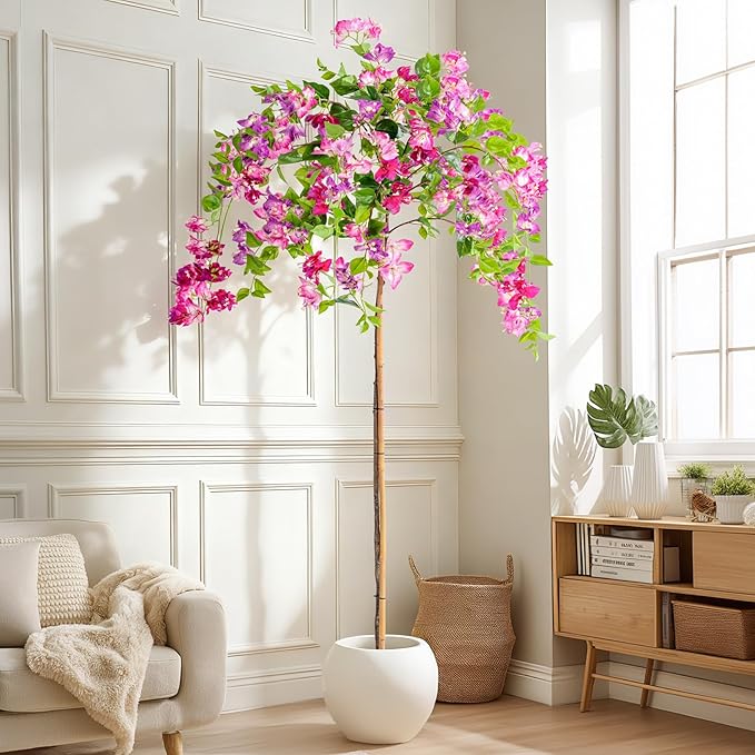 6FT Artificial Bougainvillea Tree Artificial Tree Tall Potted Fake Bougainvillea Trees for Outdoor Indoor Lifelike Potted Faux Plants with Wood Trunk and Flowers Office Wedding Home Decor